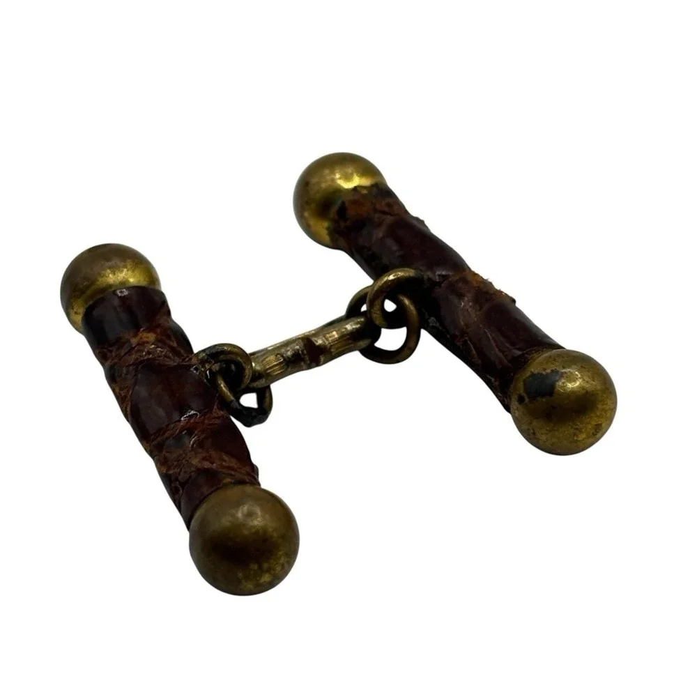 Vtg Antique Cufflinks Brown Snakeskin Leather Brass Barbell ‎ Chain Link RARE